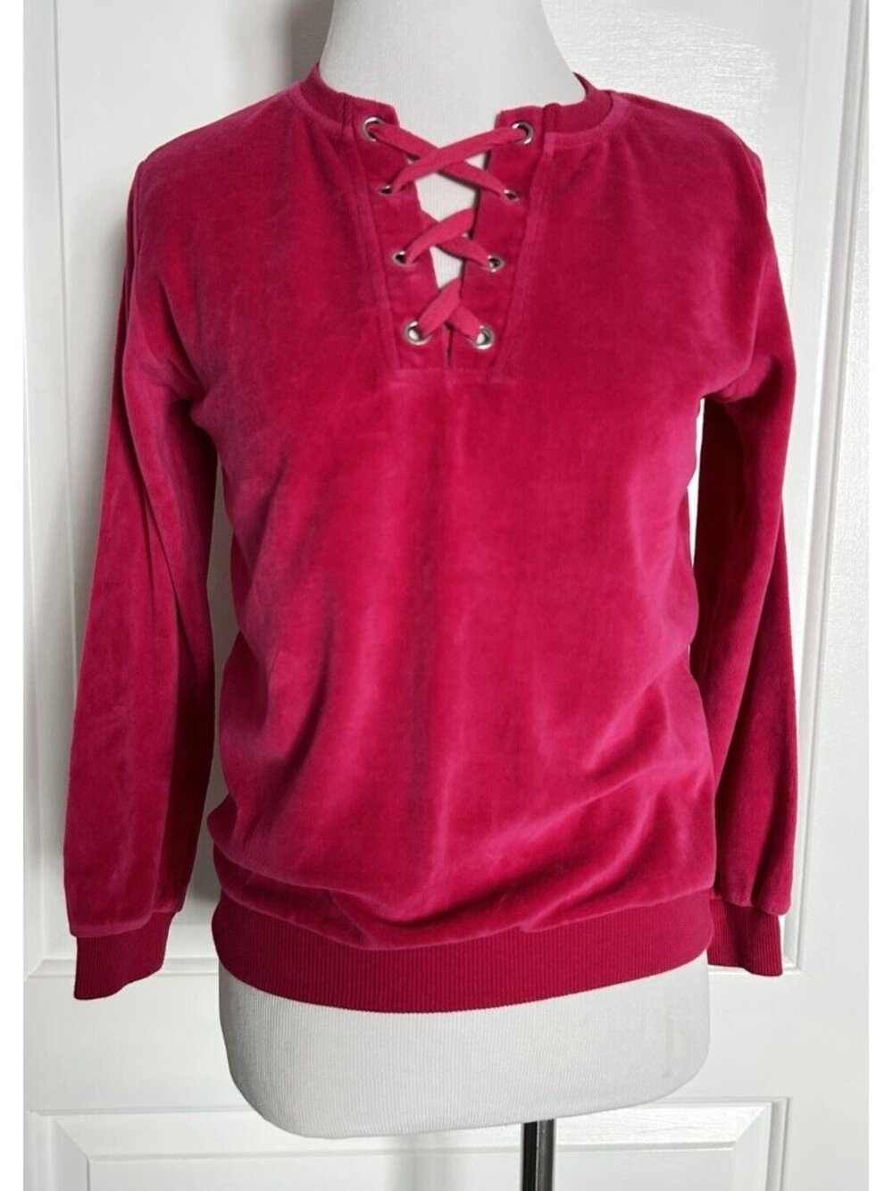 Girls Hot Pink Velvet Velour Lace Up Tie Front Cotton Soft Sweater Top L 11-12